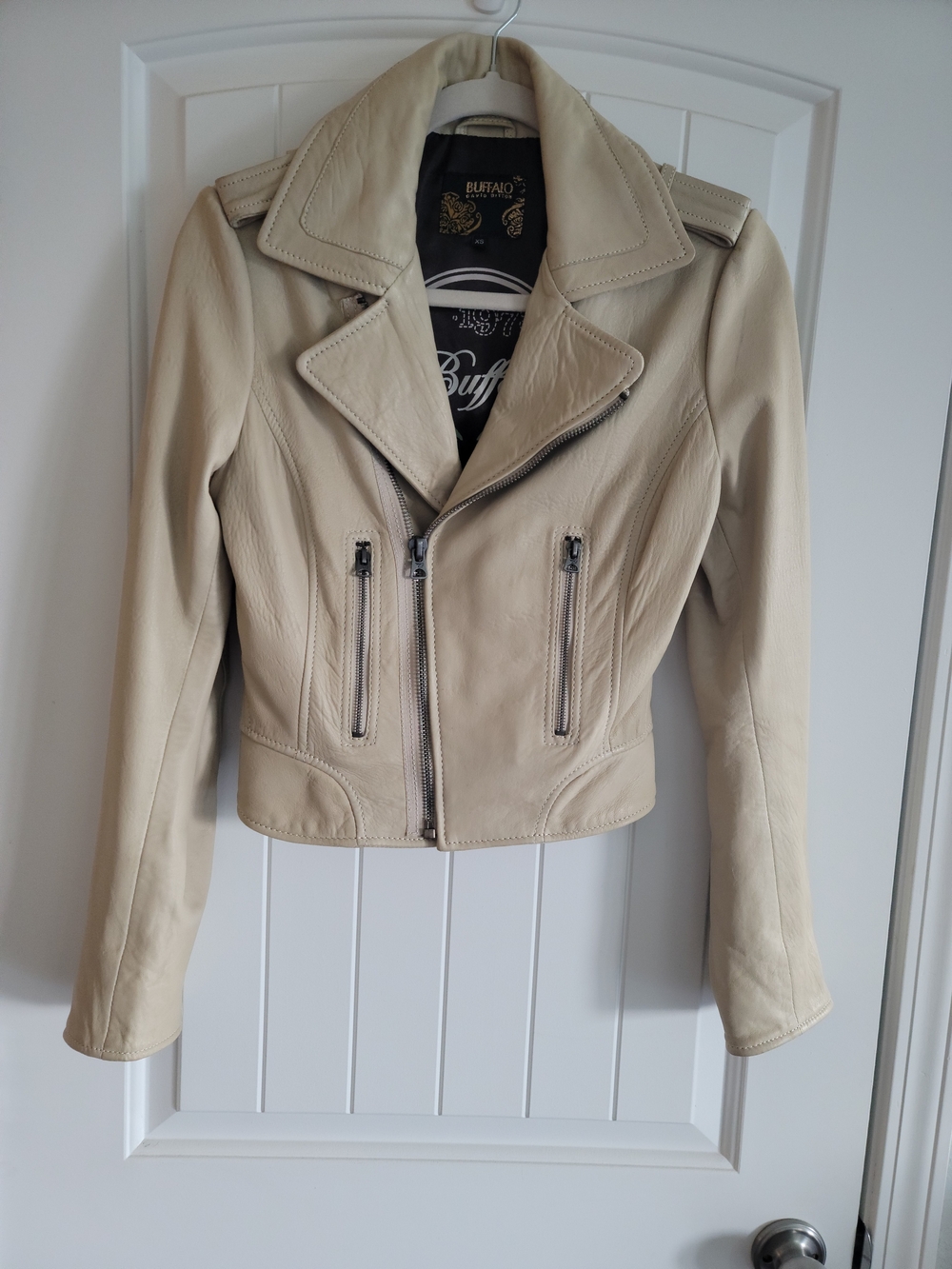 Buffalo David Bitton Cream Leather Moto Jacket